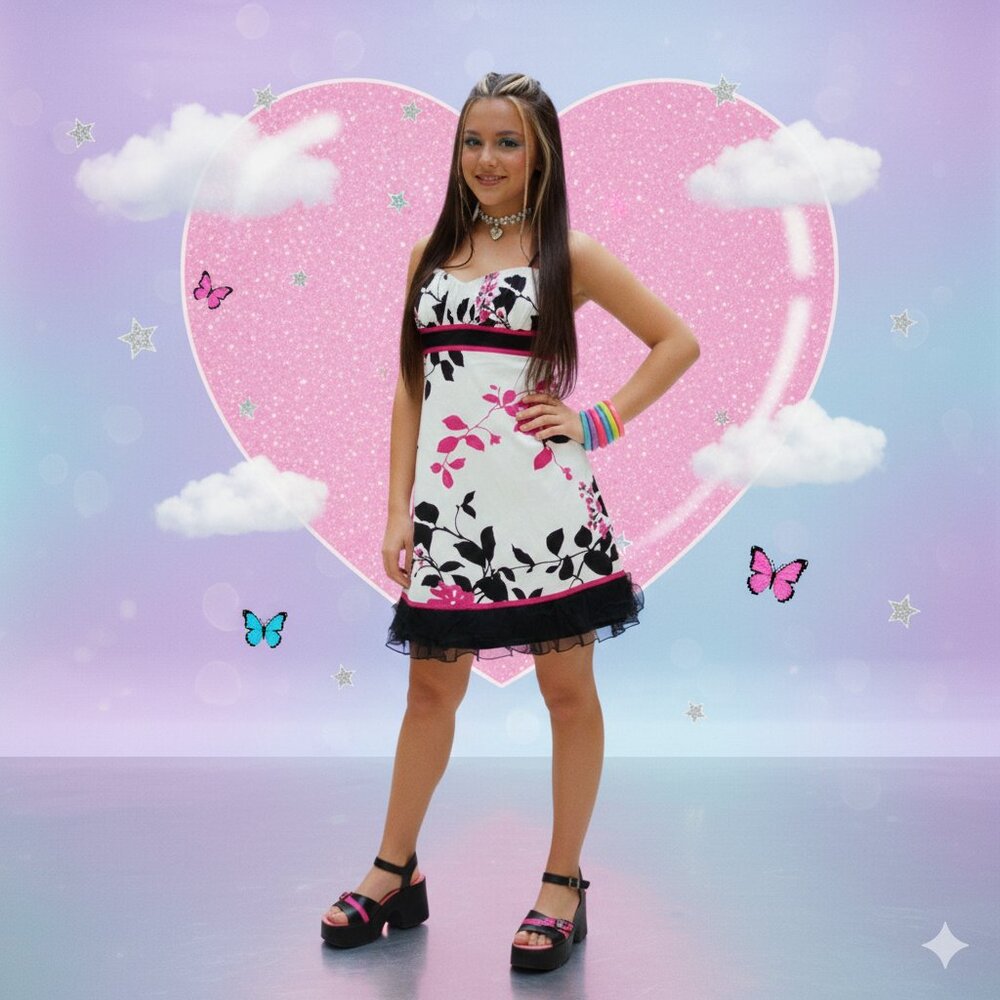 Speckles Juniors Floral Babydoll Sweetheart Neck Sleeveless Mini Dress 9‎ Y2K